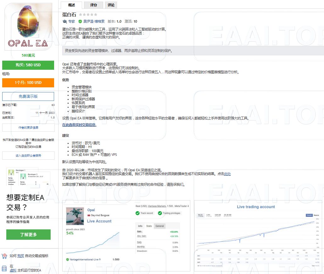 Opal EA 破解版 官网售价 580USD_EAAI.TOP_EA智汇_交易学习APP