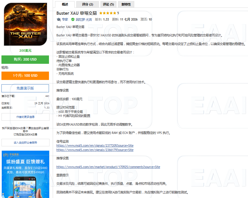 The Buster XAU Single Entry EA v1.23 MT5 + Sets_EAAI.TOP_EA智汇_交易学习APP