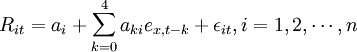 R_{it}=a_i+/sum^4_{k=0}a_{ki}e_{x,t-k}+/epsilon_{it},i=1,2,/cdots,n
